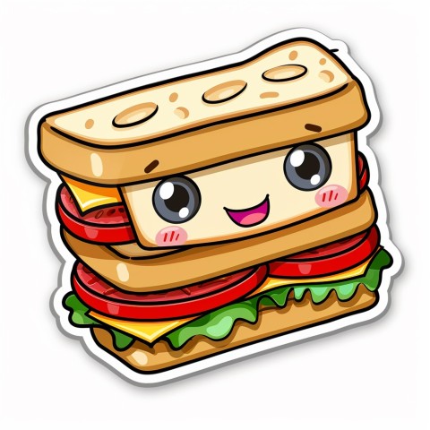 Cute Kawaii Stickers Cheerful Sandwich with Playful Pose on White Background (138)