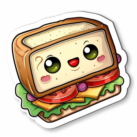 Cute Kawaii Stickers Cheerful Sandwich with Playful Pose on White Background (128)