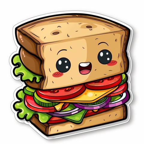 Cute Kawaii Stickers Cheerful Sandwich with Playful Pose on White Background (139)