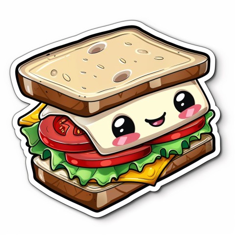 Cute Kawaii Stickers Cheerful Sandwich with Playful Pose on White Background (170)