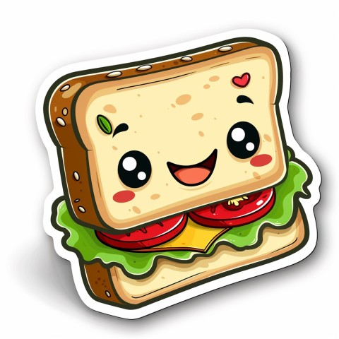 Cute Kawaii Stickers Cheerful Sandwich with Playful Pose on White Background (154)