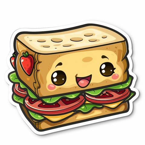 Cute Kawaii Stickers Cheerful Sandwich with Playful Pose on White Background (167)