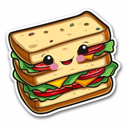 Cute Kawaii Stickers Cheerful Sandwich with Playful Pose on White Background (149)