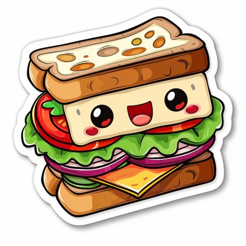 Cute Kawaii Stickers Cheerful Sandwich with Playful Pose on White Background (159)