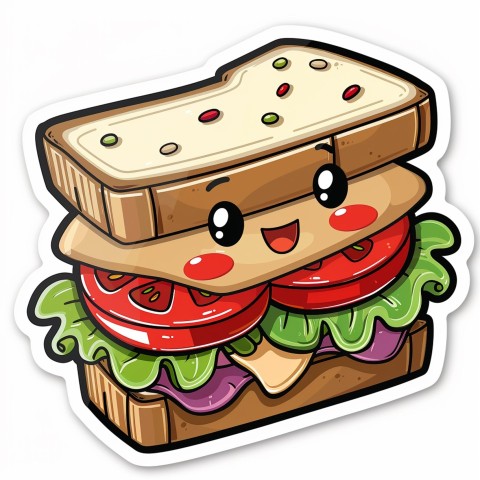 Cute Kawaii Stickers Cheerful Sandwich with Playful Pose on White Background (145)