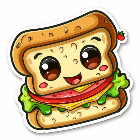 Cute Kawaii Stickers Cheerful Sandwich with Playful Pose on White Background (147)