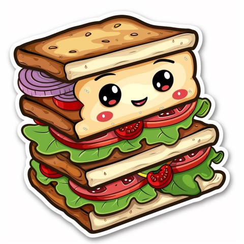 Cute Kawaii Stickers Cheerful Sandwich with Playful Pose on White Background (171)