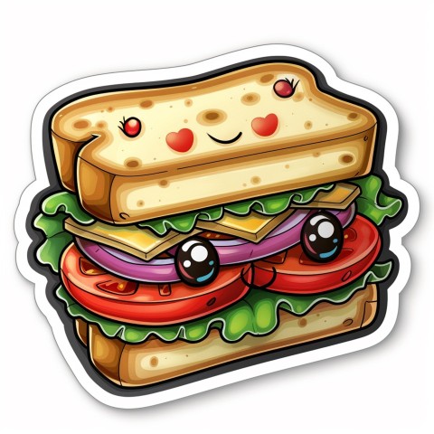 Cute Kawaii Stickers Cheerful Sandwich with Playful Pose on White Background (162)