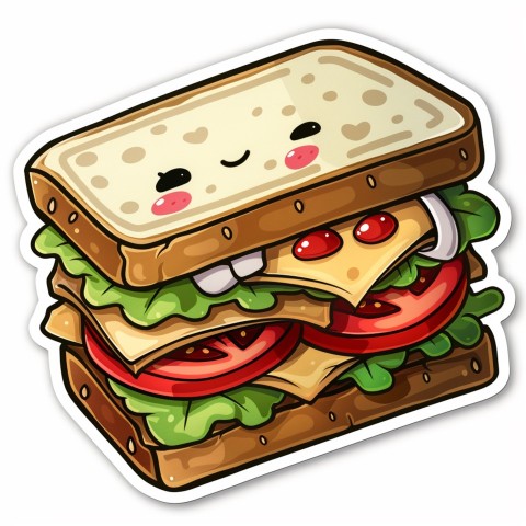 Cute Kawaii Stickers Cheerful Sandwich with Playful Pose on White Background (155)