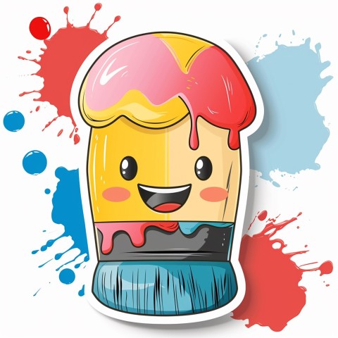 Cute Kawaii Stickers Colorful Paintbrush with Vibrant Paint Splashes on White Background (19)