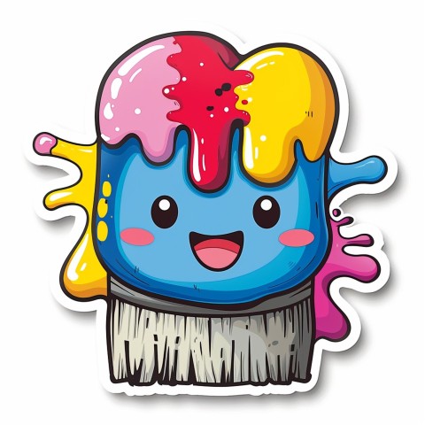 Cute Kawaii Stickers Colorful Paintbrush with Vibrant Paint Splashes on White Background (7)