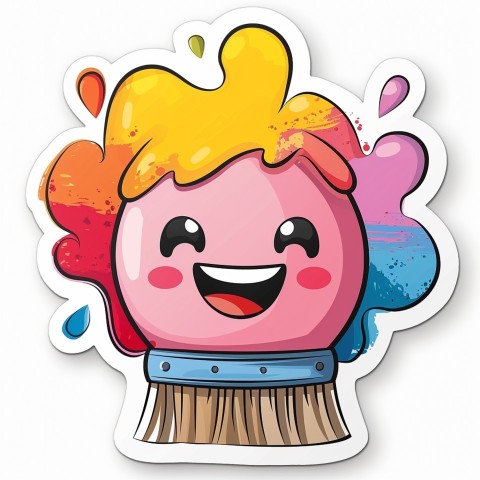 Cute Kawaii Stickers Colorful Paintbrush with Vibrant Paint Splashes on White Background (2)