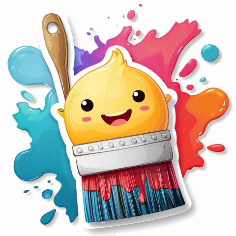 Cute Kawaii Stickers Colorful Paintbrush with Vibrant Paint Splashes on White Background (12)