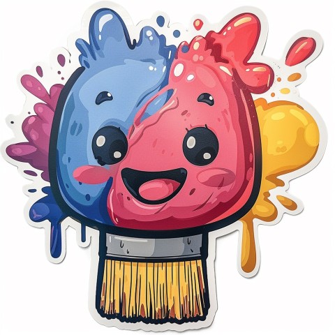 Cute Kawaii Stickers Colorful Paintbrush with Vibrant Paint Splashes on White Background (11)