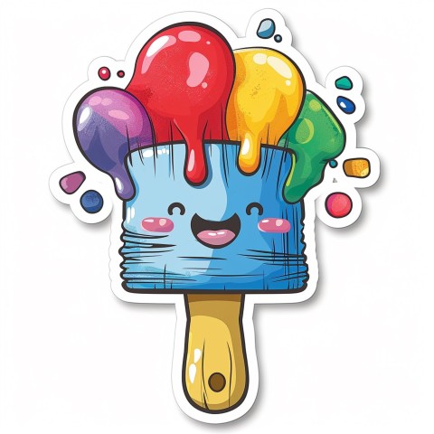 Cute Kawaii Stickers Colorful Paintbrush with Vibrant Paint Splashes on White Background (10)