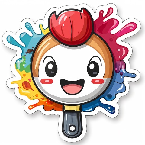 Cute Kawaii Stickers Colorful Paintbrush with Vibrant Paint Splashes on White Background (6)