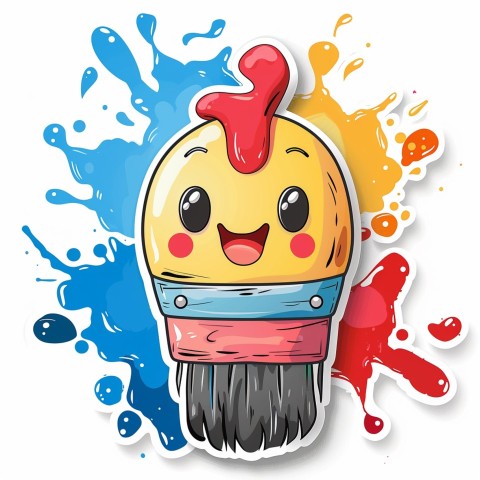 Cute Kawaii Stickers Colorful Paintbrush with Vibrant Paint Splashes on White Background (31)