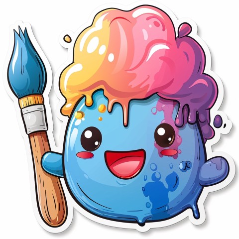 Cute Kawaii Stickers Colorful Paintbrush with Vibrant Paint Splashes on White Background (23)