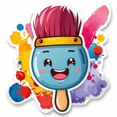 Cute Kawaii Stickers Colorful Paintbrush with Vibrant Paint Splashes on White Background (25)