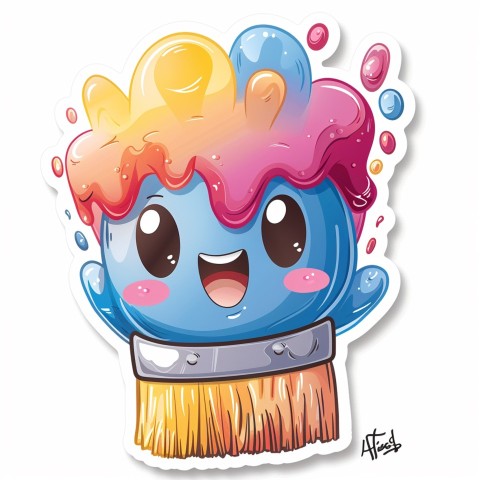 Cute Kawaii Stickers Colorful Paintbrush with Vibrant Paint Splashes on White Background (40)