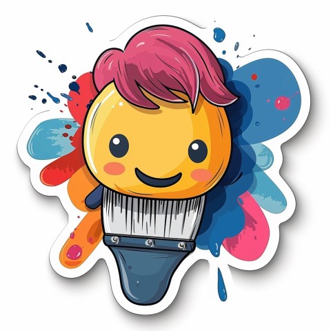 Cute Kawaii Stickers Colorful Paintbrush with Vibrant Paint Splashes on White Background (28)