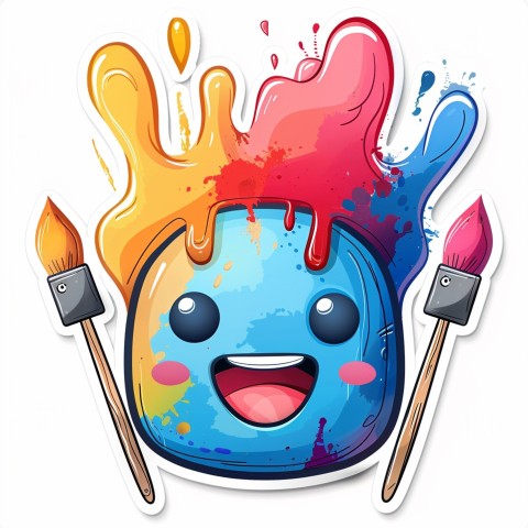 Cute Kawaii Stickers Colorful Paintbrush with Vibrant Paint Splashes on White Background (27)