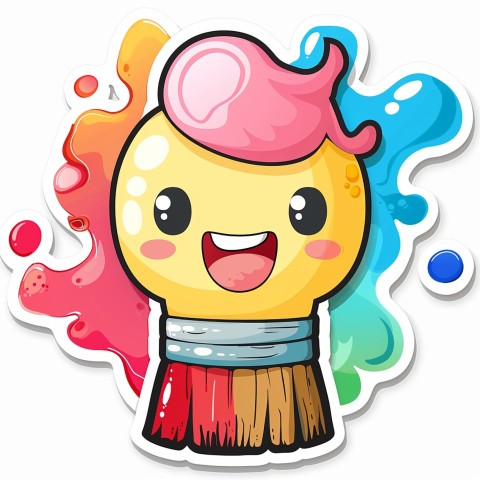 Cute Kawaii Stickers Colorful Paintbrush with Vibrant Paint Splashes on White Background (21)