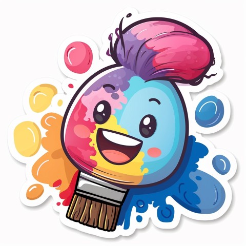 Cute Kawaii Stickers Colorful Paintbrush with Vibrant Paint Splashes on White Background (33)