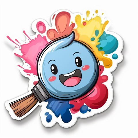 Cute Kawaii Stickers Colorful Paintbrush with Vibrant Paint Splashes on White Background (37)