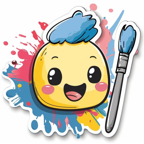 Cute Kawaii Stickers Colorful Paintbrush with Vibrant Paint Splashes on White Background (38)