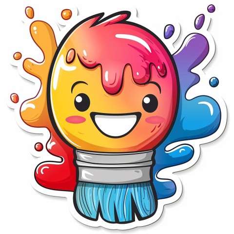 Cute Kawaii Stickers Colorful Paintbrush with Vibrant Paint Splashes on White Background (24)