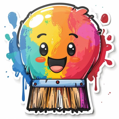 Cute Kawaii Stickers Colorful Paintbrush with Vibrant Paint Splashes on White Background (39)