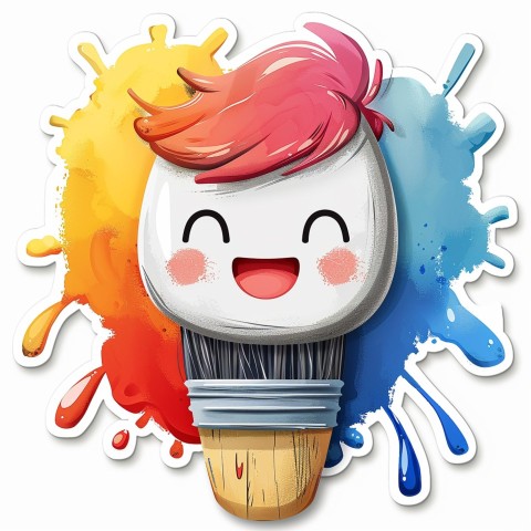 Cute Kawaii Stickers Colorful Paintbrush with Vibrant Paint Splashes on White Background (35)