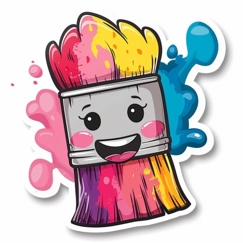 Cute Kawaii Stickers Colorful Paintbrush with Vibrant Paint Splashes on White Background (48)