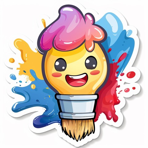 Cute Kawaii Stickers Colorful Paintbrush with Vibrant Paint Splashes on White Background (52)