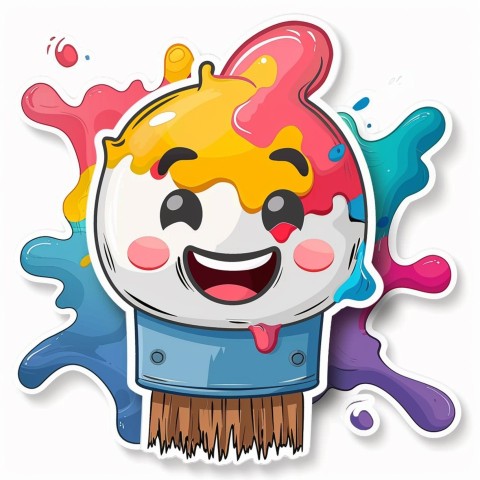 Cute Kawaii Stickers Colorful Paintbrush with Vibrant Paint Splashes on White Background (57)