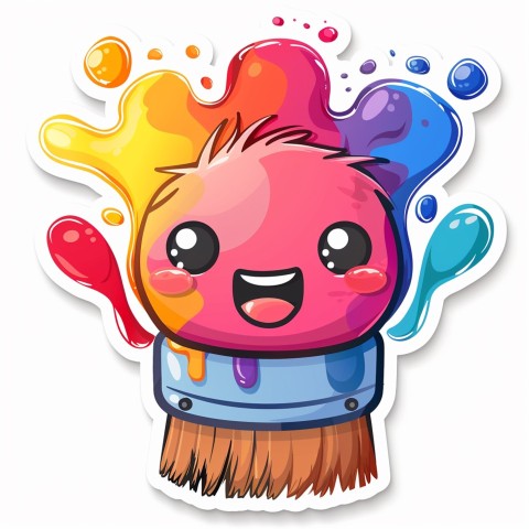 Cute Kawaii Stickers Colorful Paintbrush with Vibrant Paint Splashes on White Background (49)