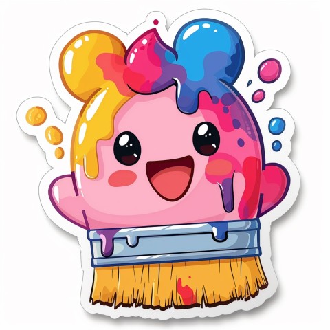 Cute Kawaii Stickers Colorful Paintbrush with Vibrant Paint Splashes on White Background (59)