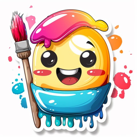 Cute Kawaii Stickers Colorful Paintbrush with Vibrant Paint Splashes on White Background (41)