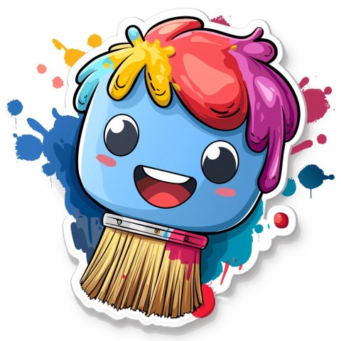 Cute Kawaii Stickers Colorful Paintbrush with Vibrant Paint Splashes on White Background (54)