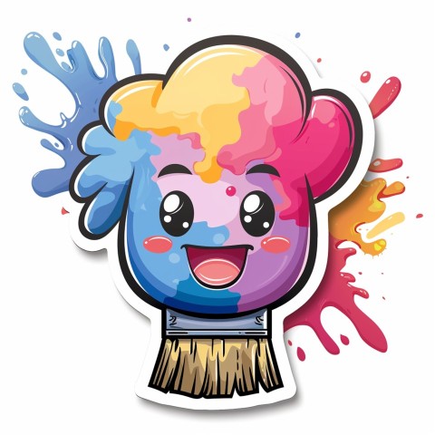 Cute Kawaii Stickers Colorful Paintbrush with Vibrant Paint Splashes on White Background (77)