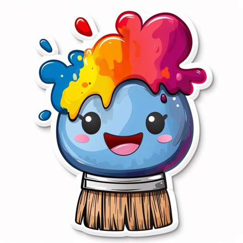 Cute Kawaii Stickers Colorful Paintbrush with Vibrant Paint Splashes on White Background (66)