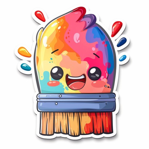 Cute Kawaii Stickers Colorful Paintbrush with Vibrant Paint Splashes on White Background (67)