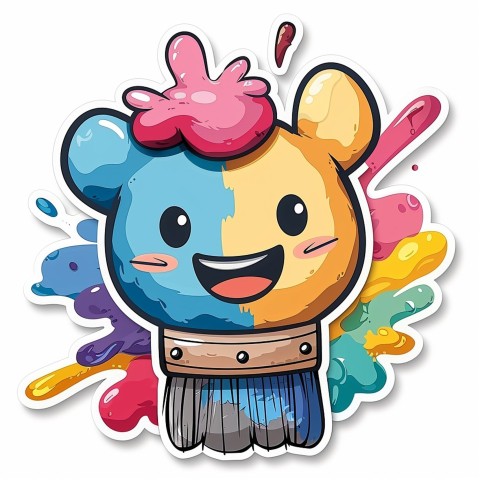 Cute Kawaii Stickers Colorful Paintbrush with Vibrant Paint Splashes on White Background (76)