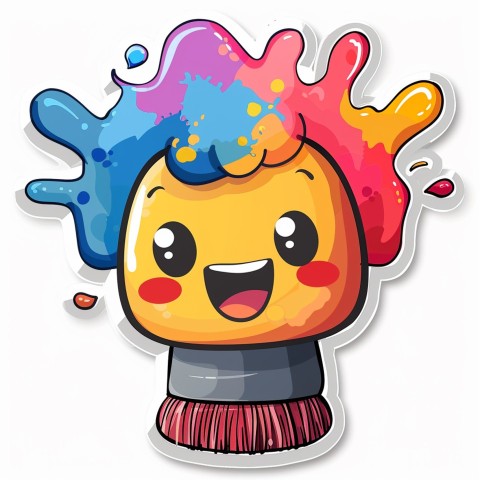 Cute Kawaii Stickers Colorful Paintbrush with Vibrant Paint Splashes on White Background (72)