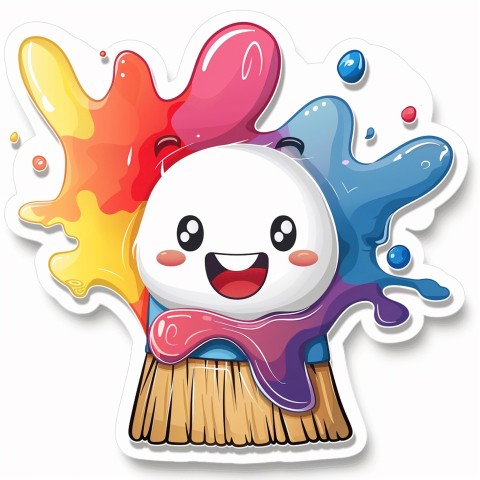 Cute Kawaii Stickers Colorful Paintbrush with Vibrant Paint Splashes on White Background (74)