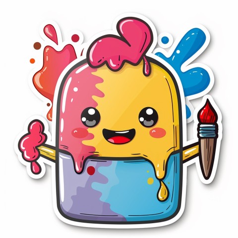 Cute Kawaii Stickers Colorful Paintbrush with Vibrant Paint Splashes on White Background (75)