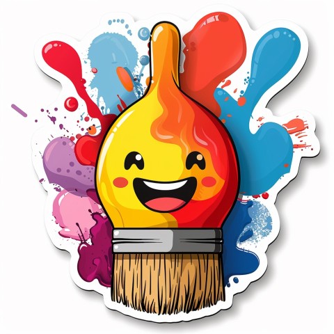 Cute Kawaii Stickers Colorful Paintbrush with Vibrant Paint Splashes on White Background (61)