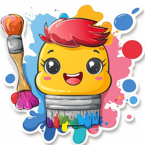 Cute Kawaii Stickers Colorful Paintbrush with Vibrant Paint Splashes on White Background (78)