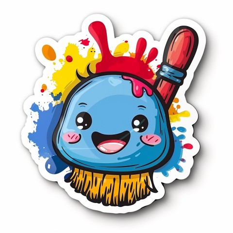 Cute Kawaii Stickers Colorful Paintbrush with Vibrant Paint Splashes on White Background (84)